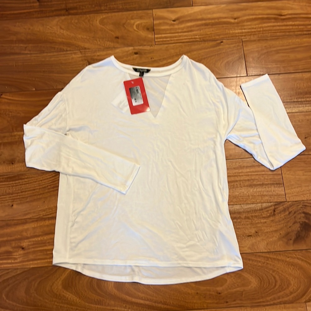 NWT Peyton Jensen white long sleeve with sheer v neck top.